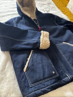 EUC-Unisex Outer Edge Denim Hooded cream Sherpa-Lined warm Coat